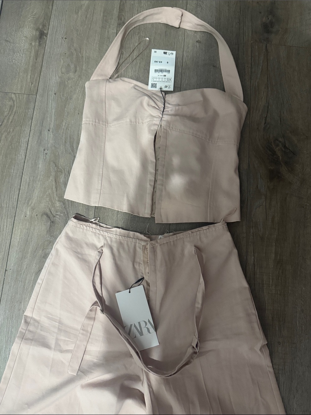 Zara Wide-Leg High-Rise Pants in Pale Blush with corset matching top